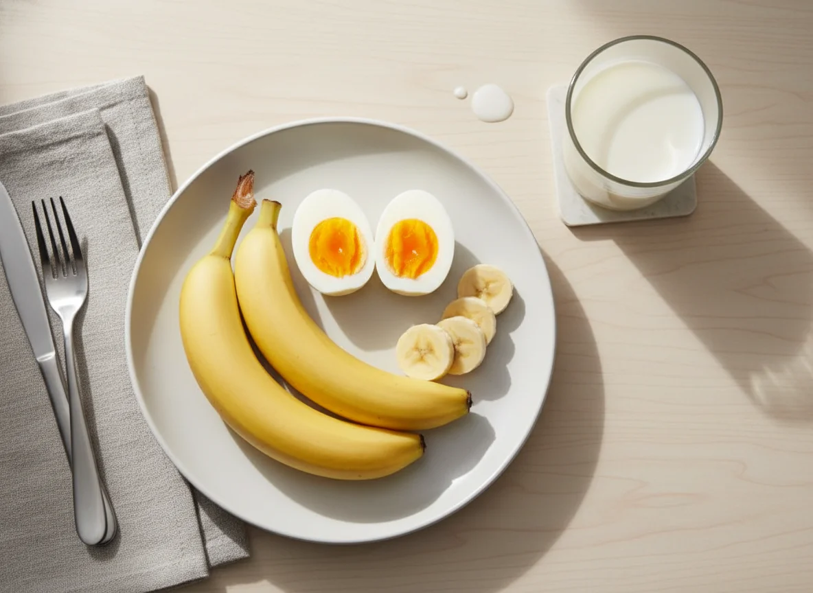 Breakfast with Eggs, Bananas, and Milk photo