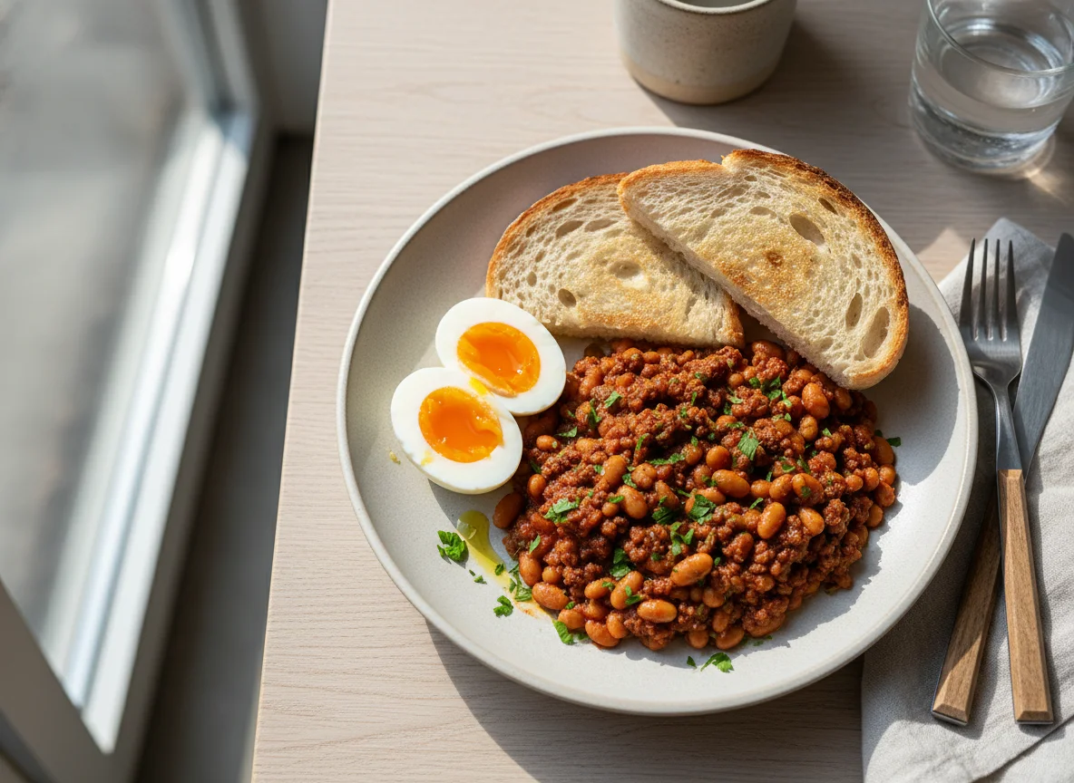 Breakfast with Eggs, Beans and Mince, and Toast photo