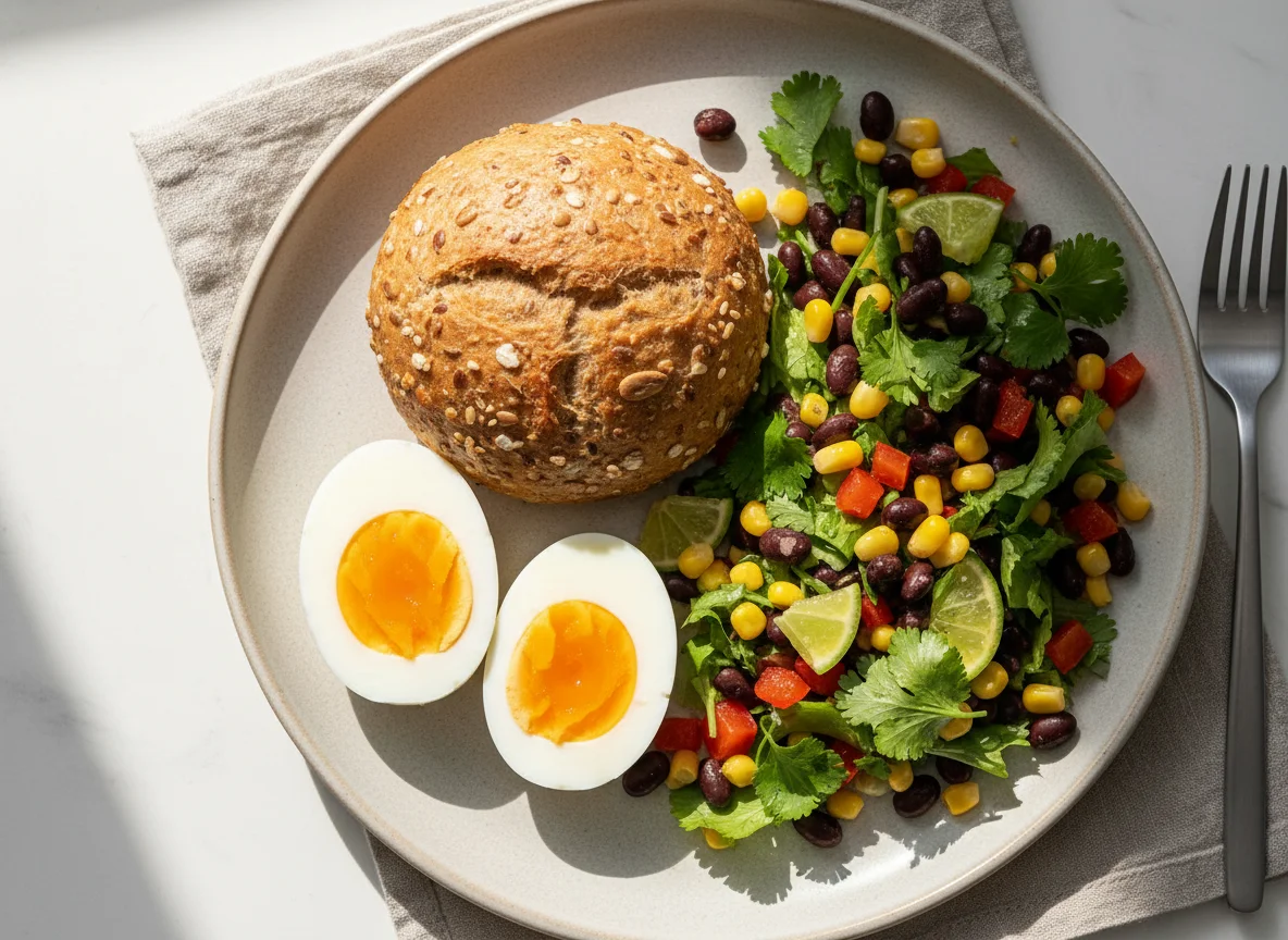 Breakfast with Eggs, Bread, and Mixed Salad photo
