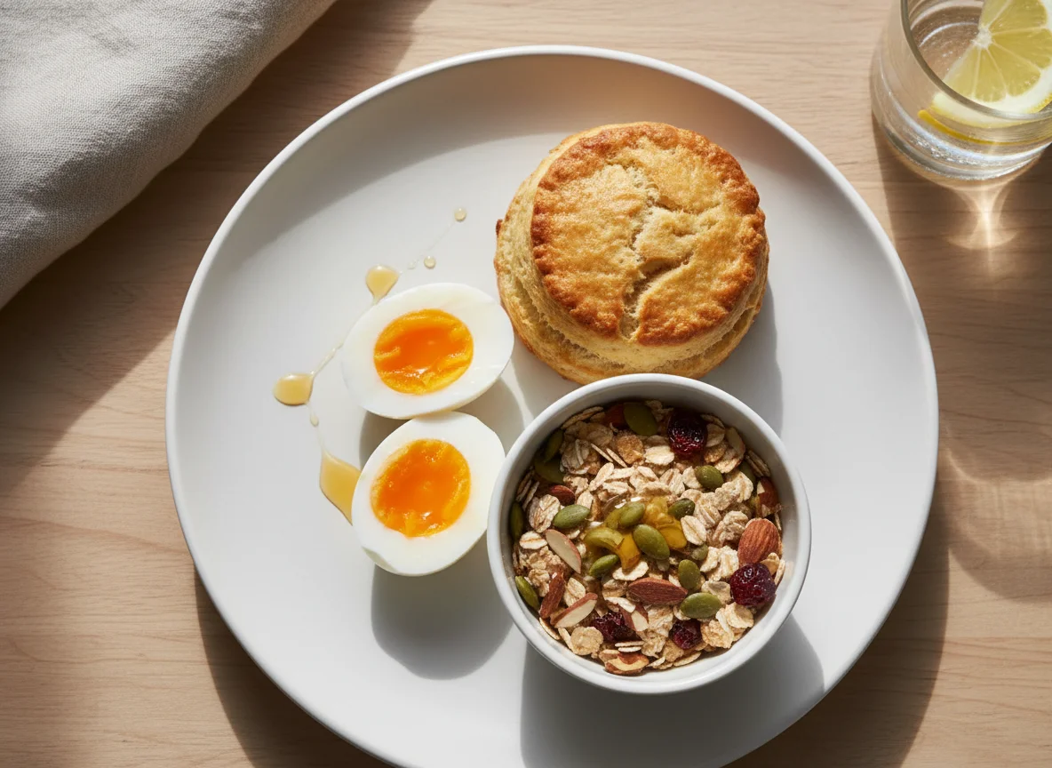 Breakfast with Eggs, Cereal Mix, and Biscuit photo