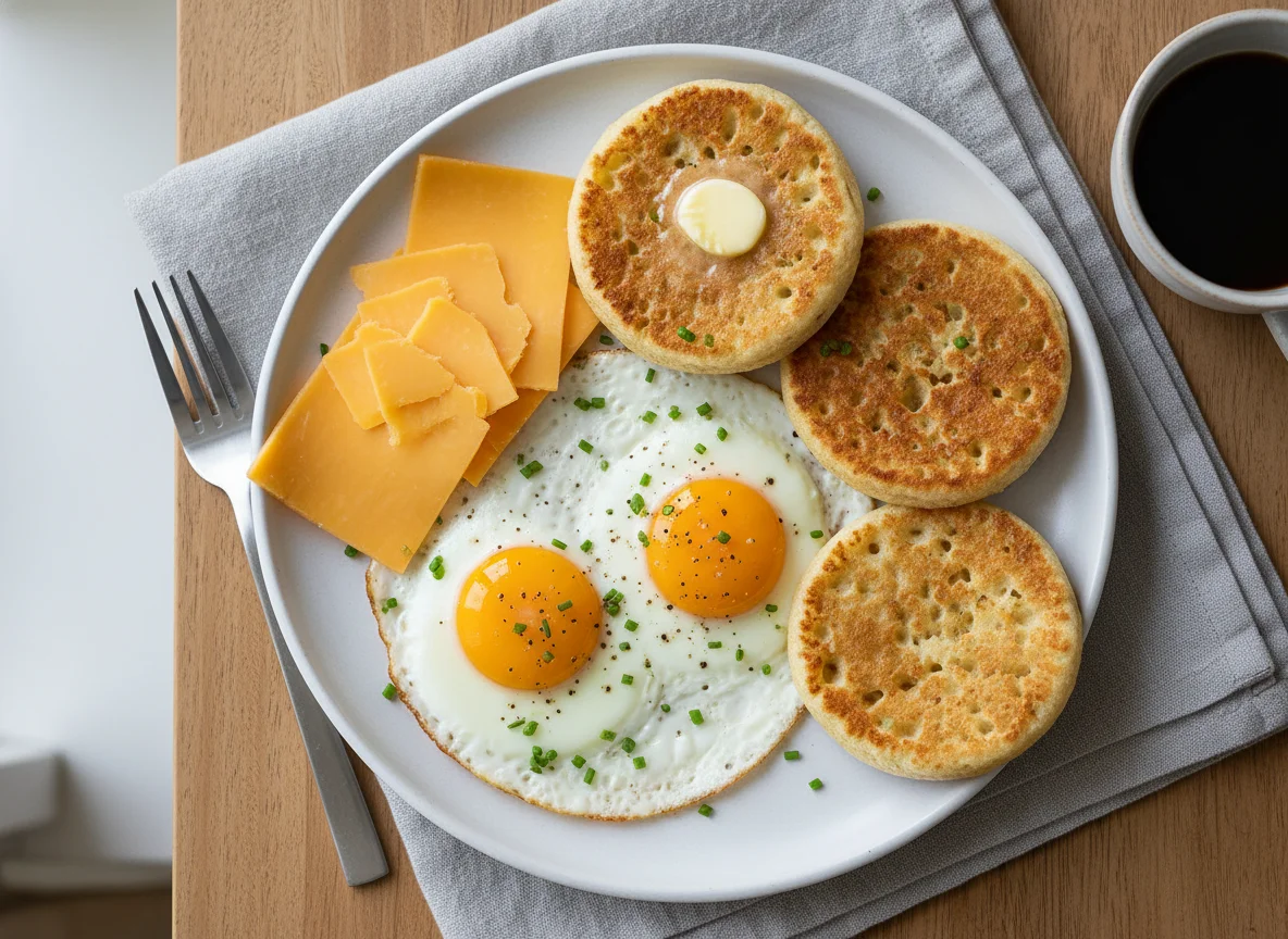 Breakfast with Eggs, Cheese, and Crumpets photo