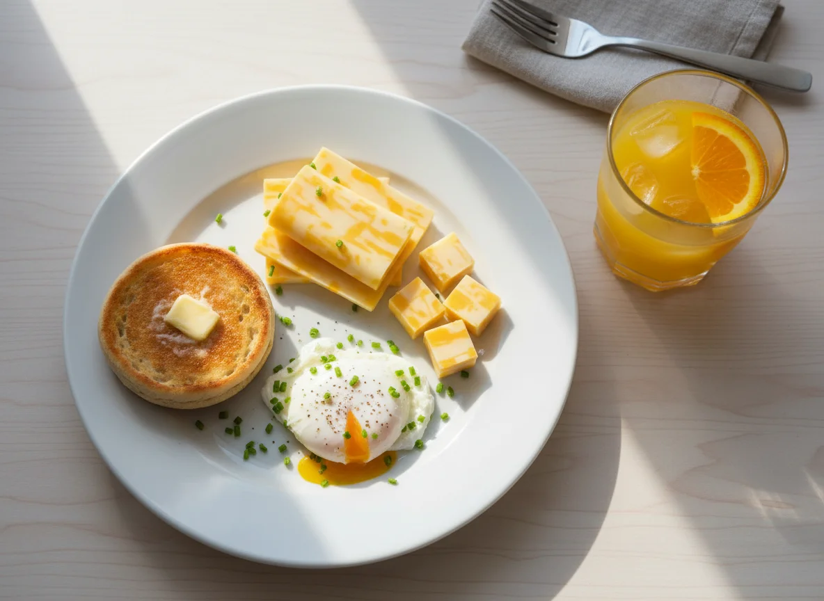 Breakfast with Eggs, Cheese, and Orange Juice photo