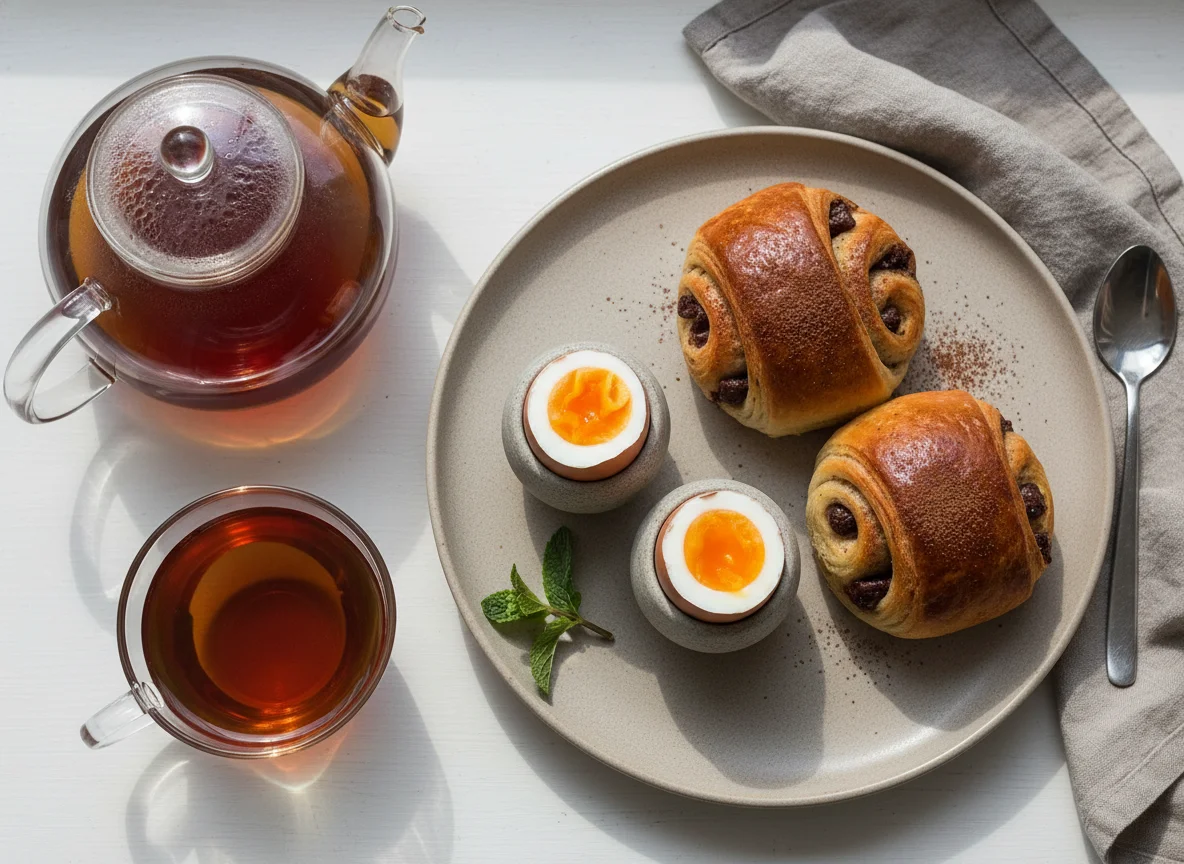 Breakfast with Eggs, Chocolate Buns, and Tea photo