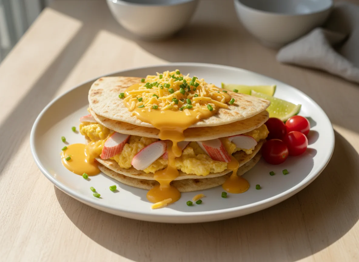 Breakfast with Eggs, Crab Sticks, and Tortillas photo