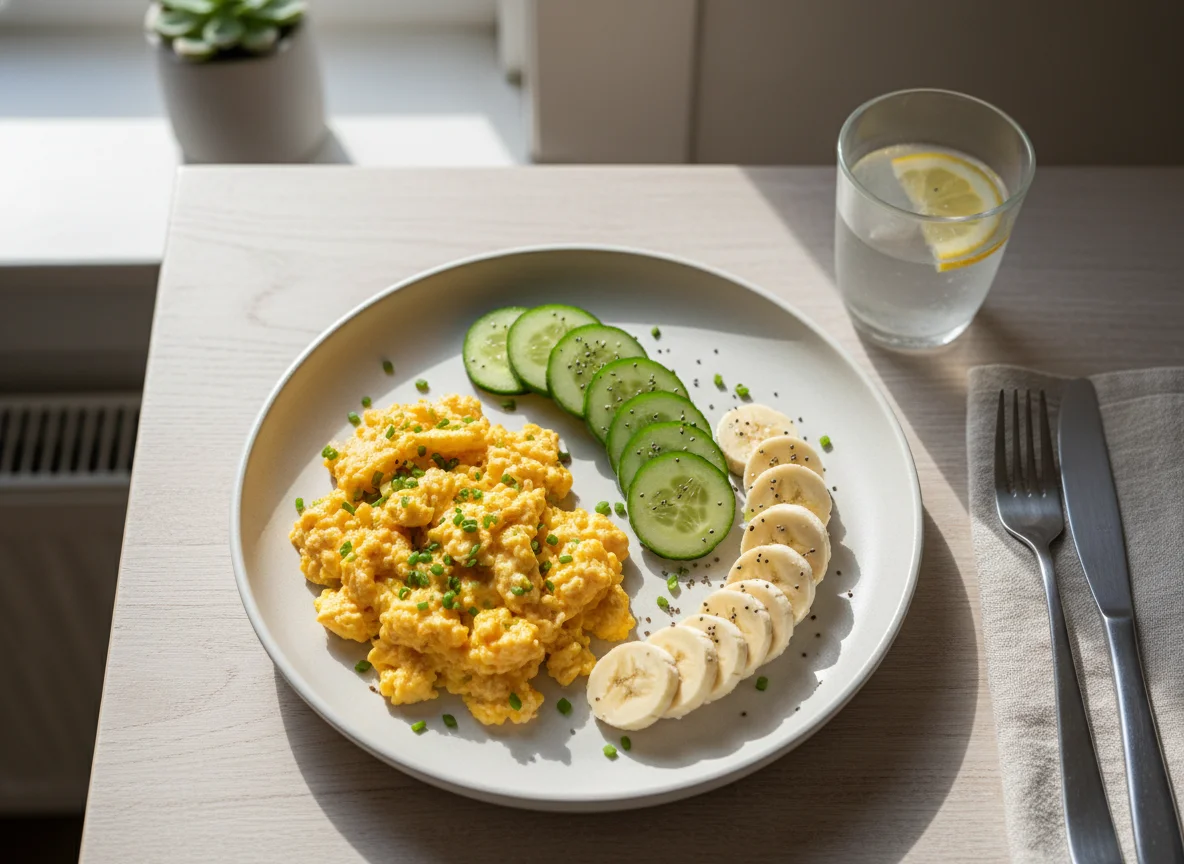 Breakfast with eggs, cucumber, and bananas photo
