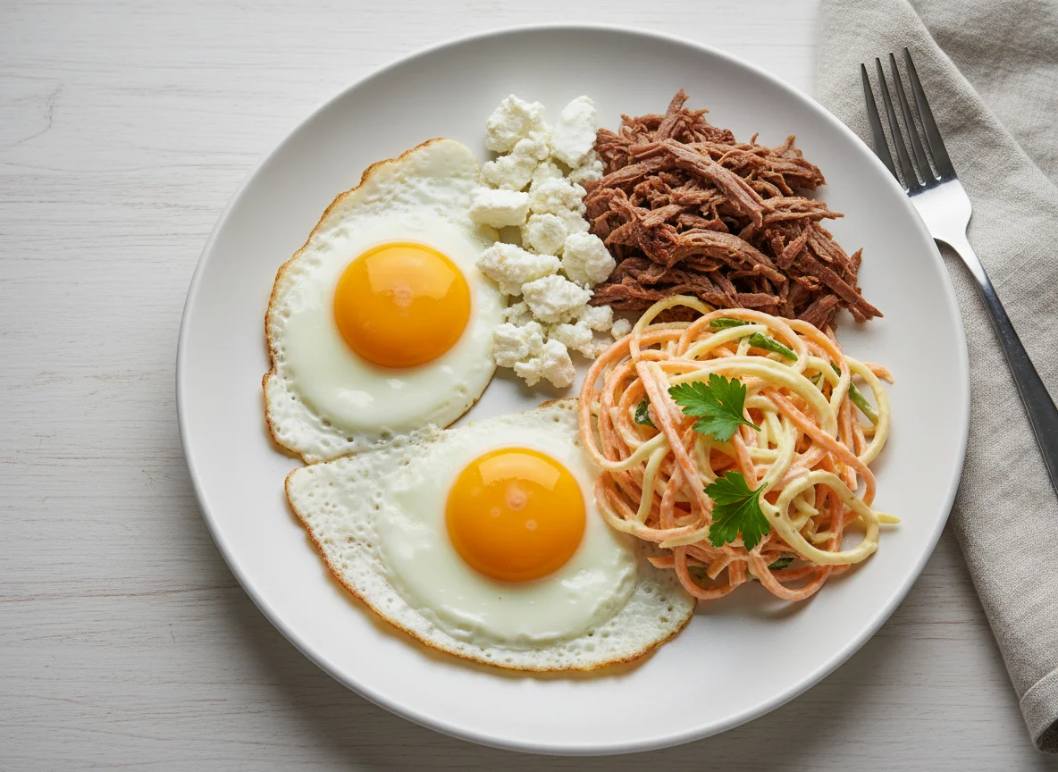 Breakfast with Eggs, Feta, and Meat & Carrot Salad photo