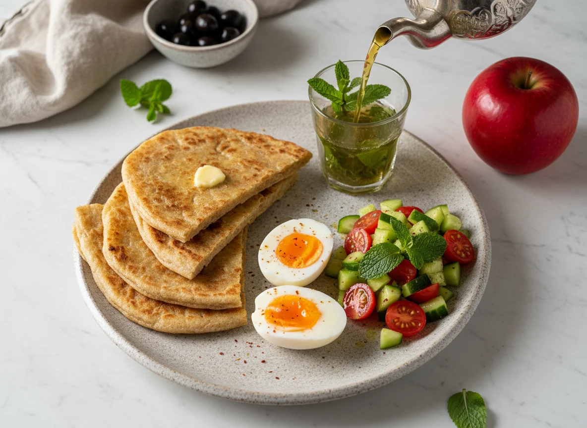 Breakfast with eggs, flatbread, salad, apple, and tea photo