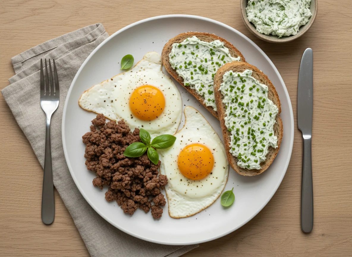 Breakfast with Eggs, Ground Meat, Bread, and Herbal Cheese photo