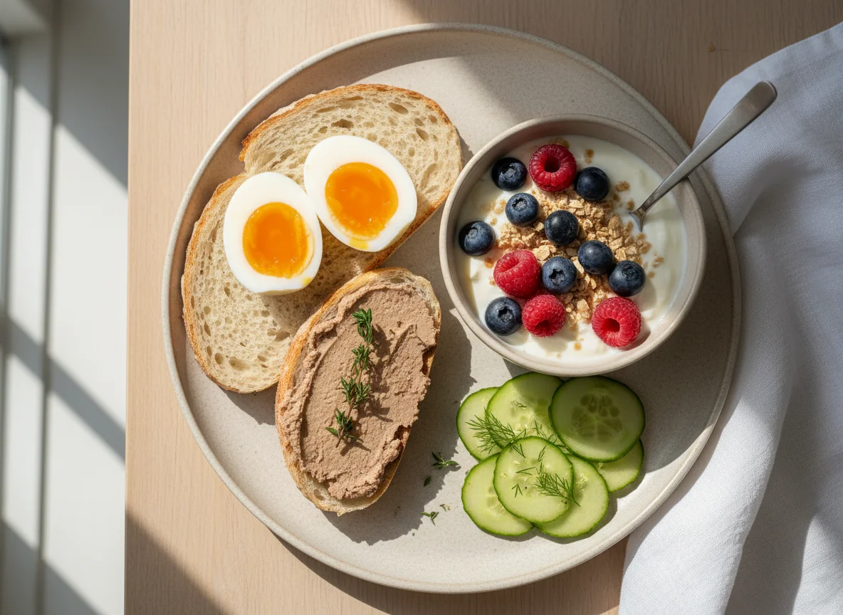 Breakfast with eggs, pate, vegetables and yogurt photo