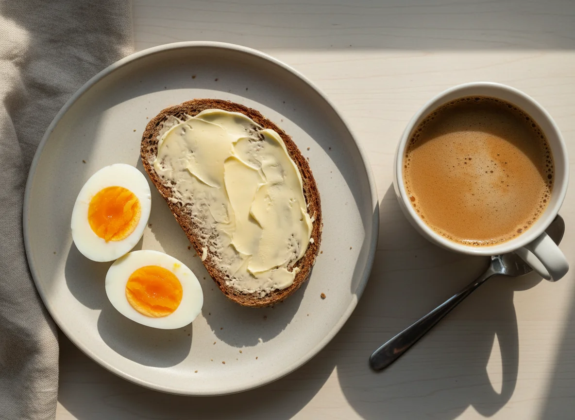 Breakfast with eggs, rye bread, and coffee photo