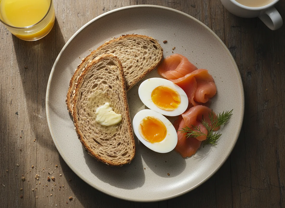Breakfast with eggs, salmon, and toast photo