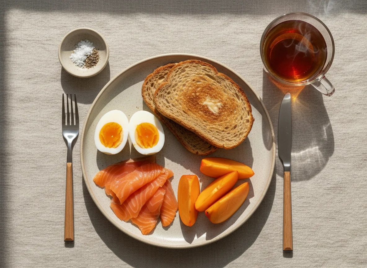 Breakfast with eggs, salmon, toast, and persimmon photo