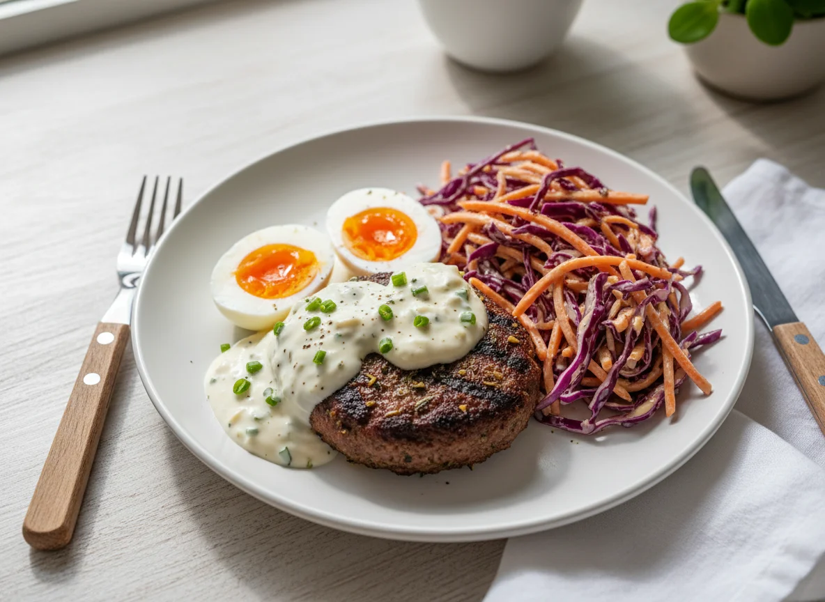 Breakfast with Eggs, Sausage, Sauce, and Coleslaw photo
