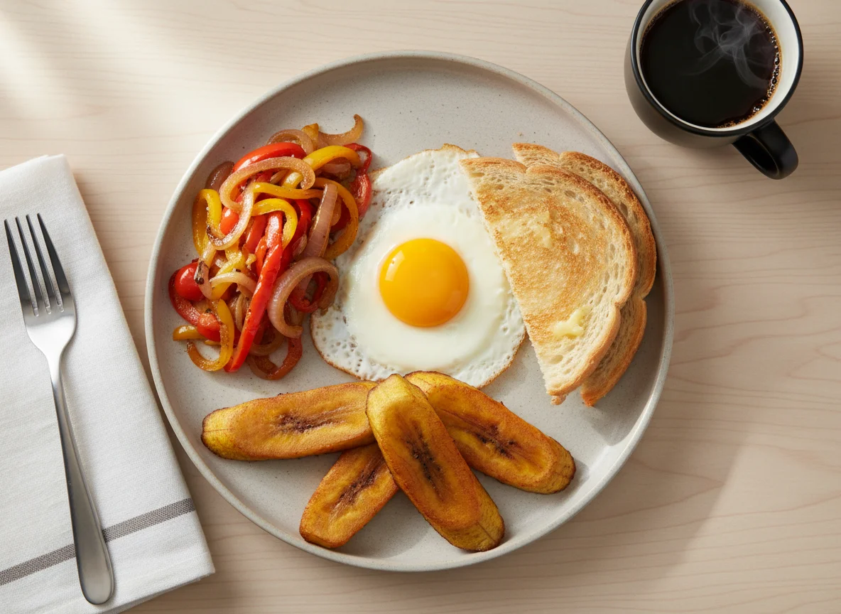 Breakfast with Eggs, Sautéed Vegetables, Toast, and Plantain photo