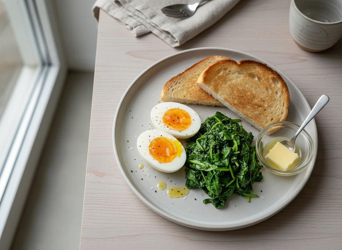 Breakfast with Eggs, Spinach, and Toast photo