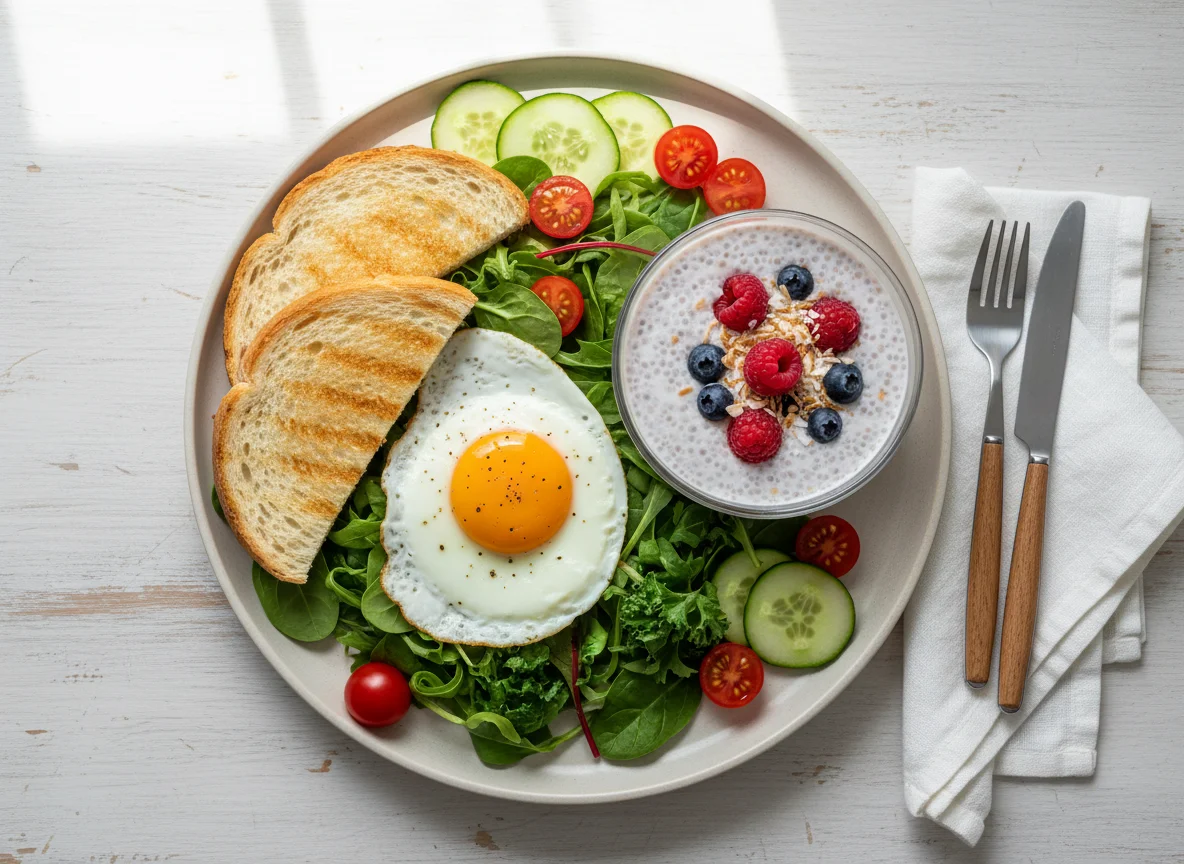 Breakfast with eggs, toast, and chia pudding photo