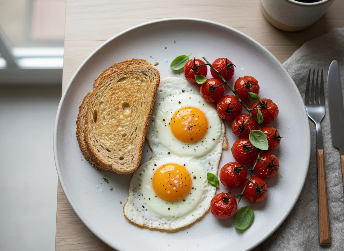 Breakfast with eggs, toast, and tomatoes photo