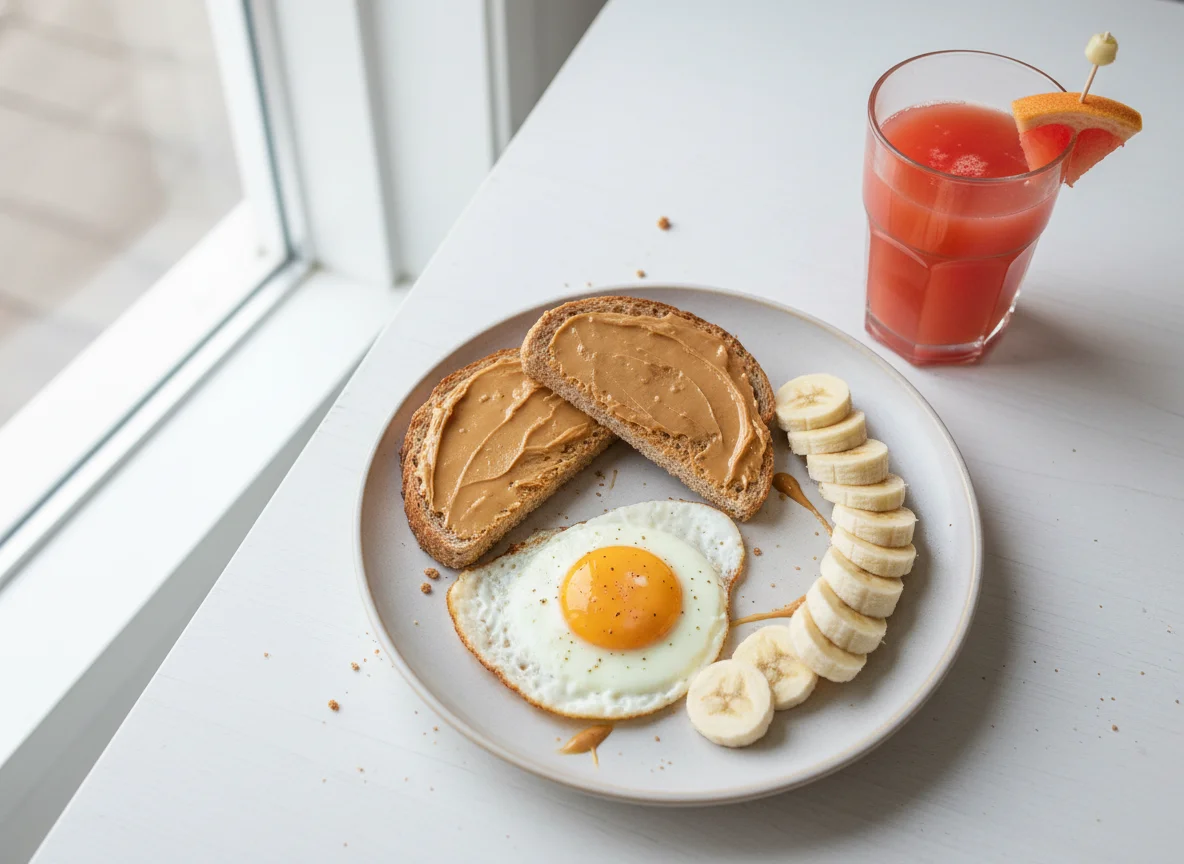 Breakfast with eggs, toast, banana, and juice photo