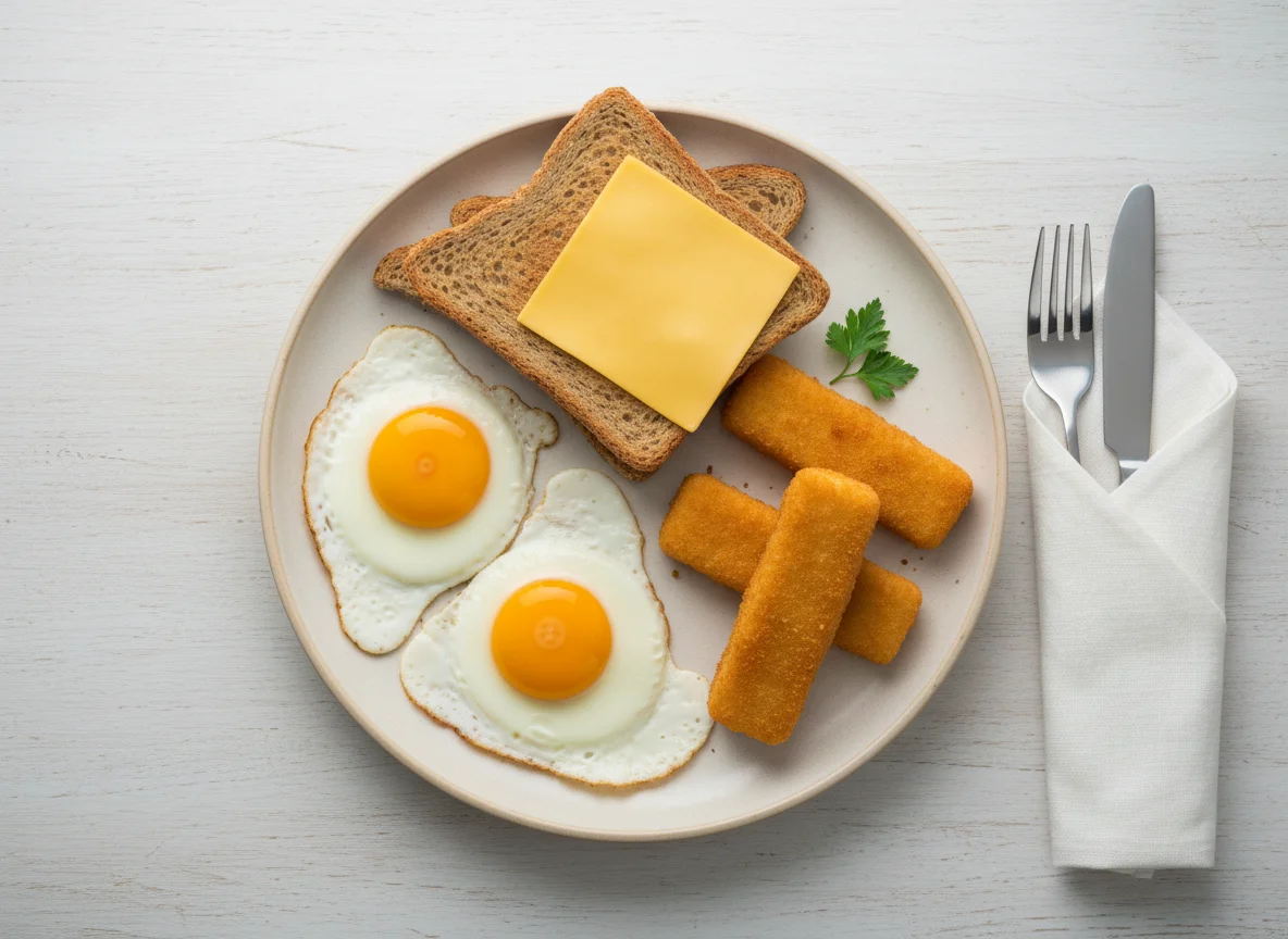 Breakfast with eggs, toast, cheese and fish fingers photo