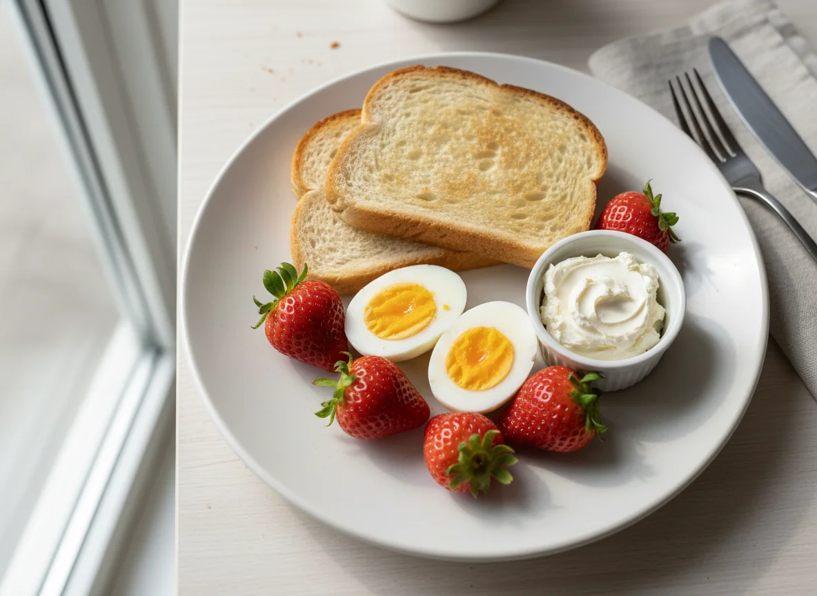 Breakfast with Eggs, Toast, Cheese, and Strawberries photo