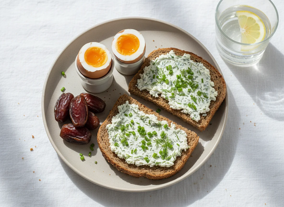Breakfast with eggs, toast, dates and water photo