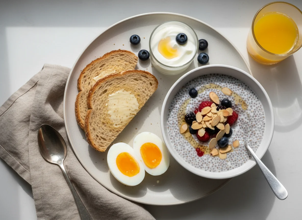 Breakfast with eggs, toast, yogurt and chia pudding photo