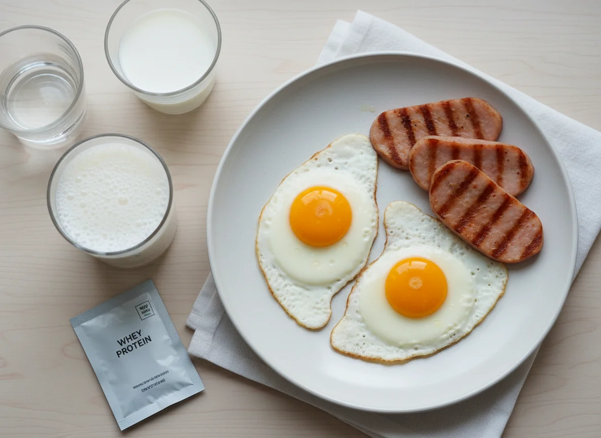 Breakfast with Eggs, Turkey Ham, and Protein Shake photo