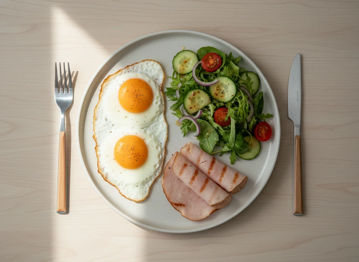 Breakfast with Eggs, Turkey Ham, and Vinaigrette Salad photo