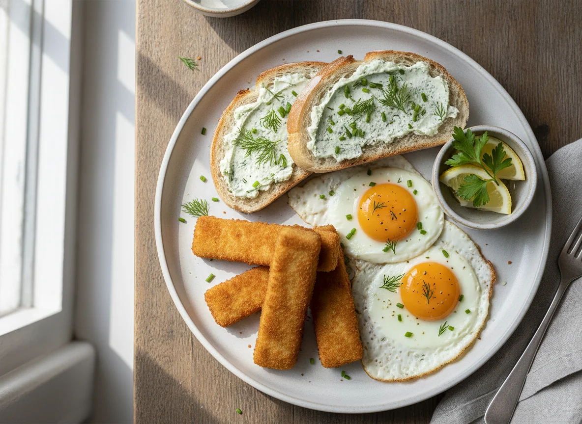 Breakfast with Fish Fingers, Eggs, and Herbed Bread photo