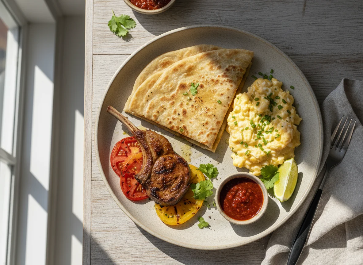 Breakfast with Flatbread, Scrambled Eggs, and Lamb Chop photo