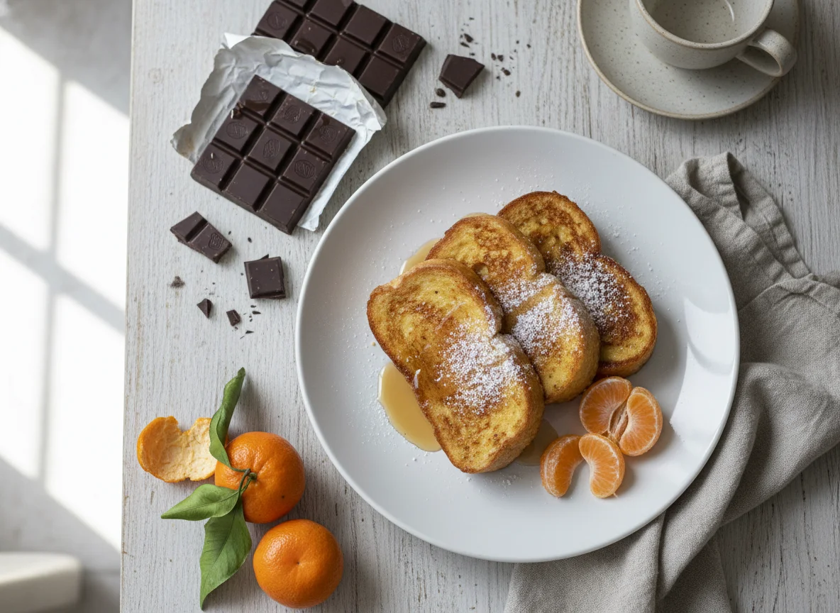 Breakfast with French Toast, Chocolate Bar, and Clementine photo