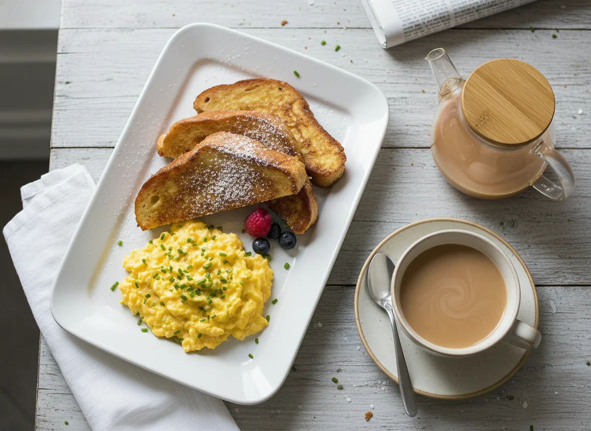 Breakfast with French Toast, Scrambled Eggs and Tea photo