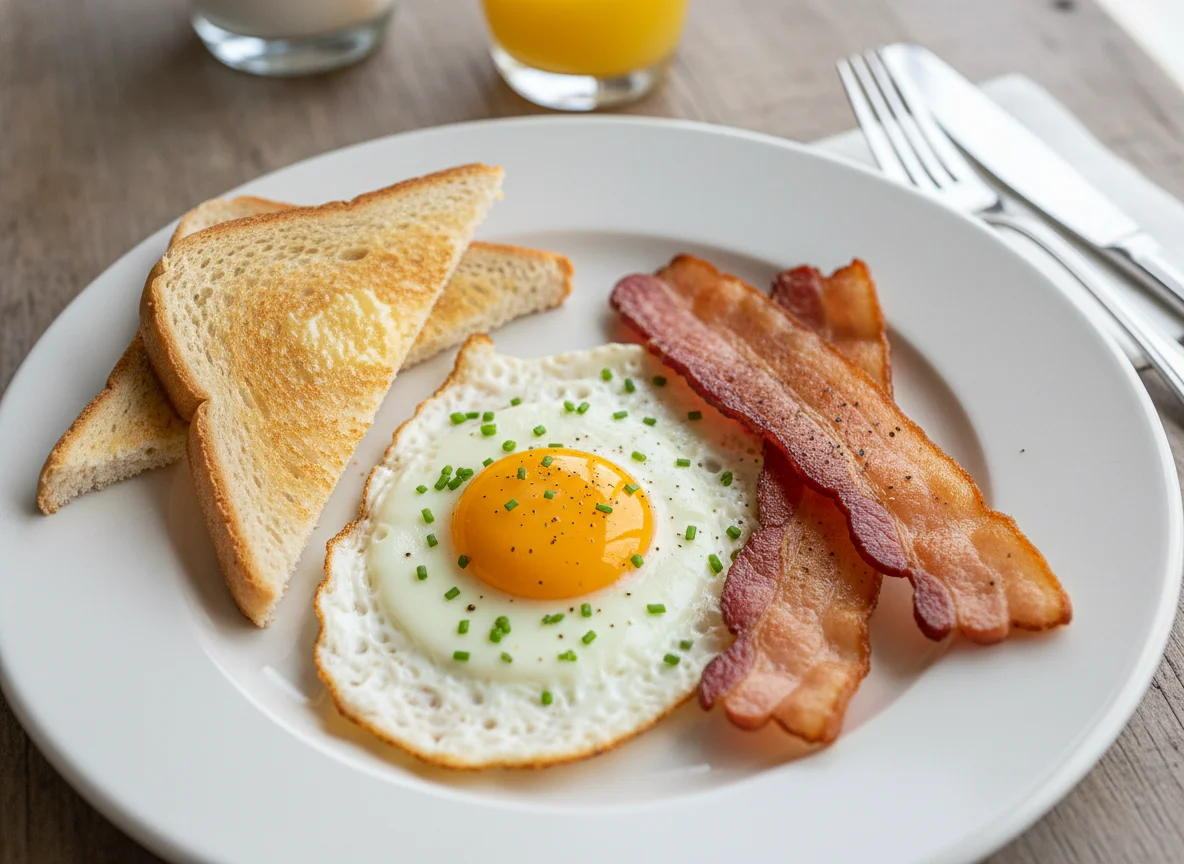 Breakfast with fried egg, bacon, and toast photo
