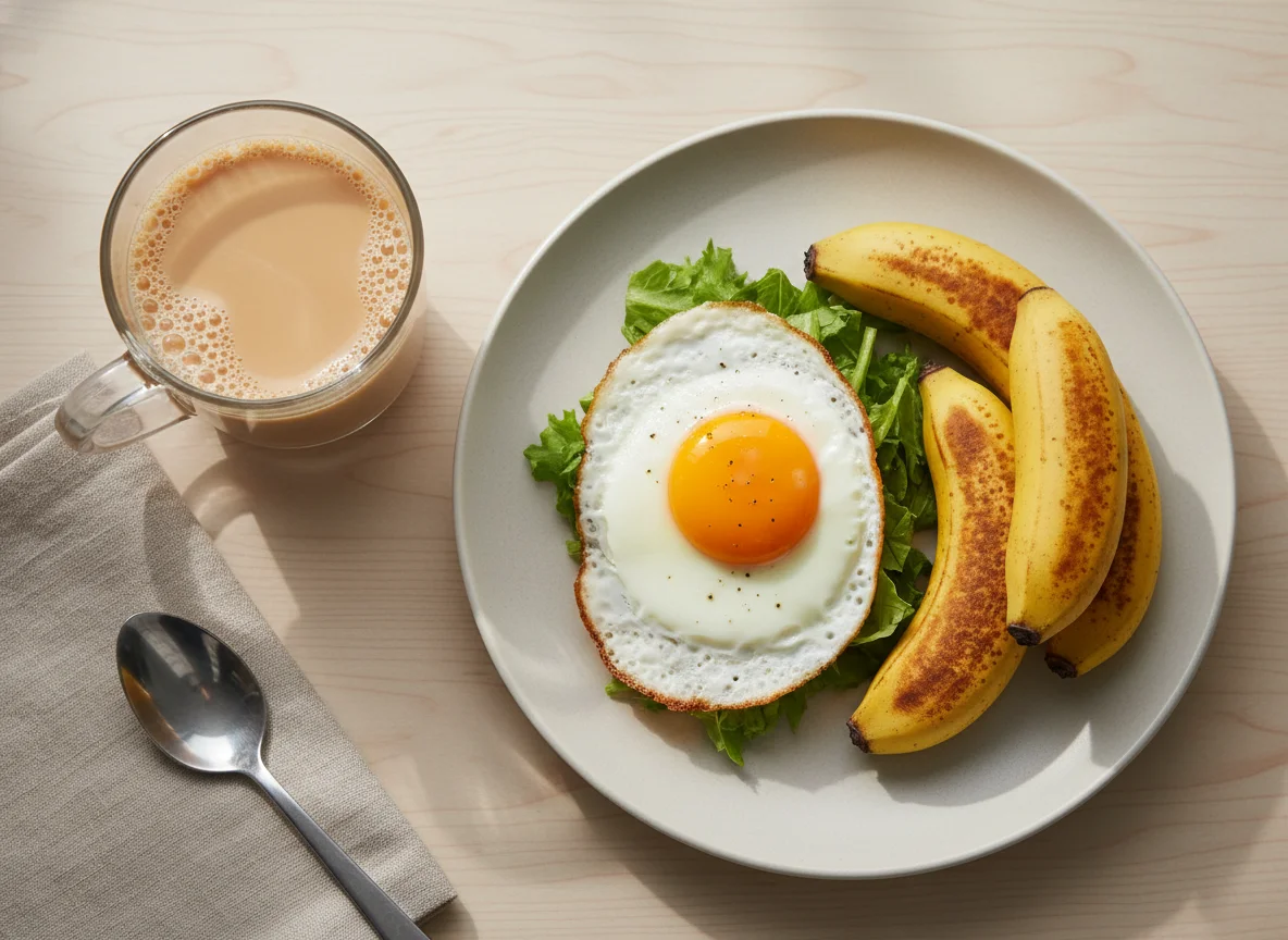 Breakfast with Fried Egg, Bananas, and Milk Tea photo