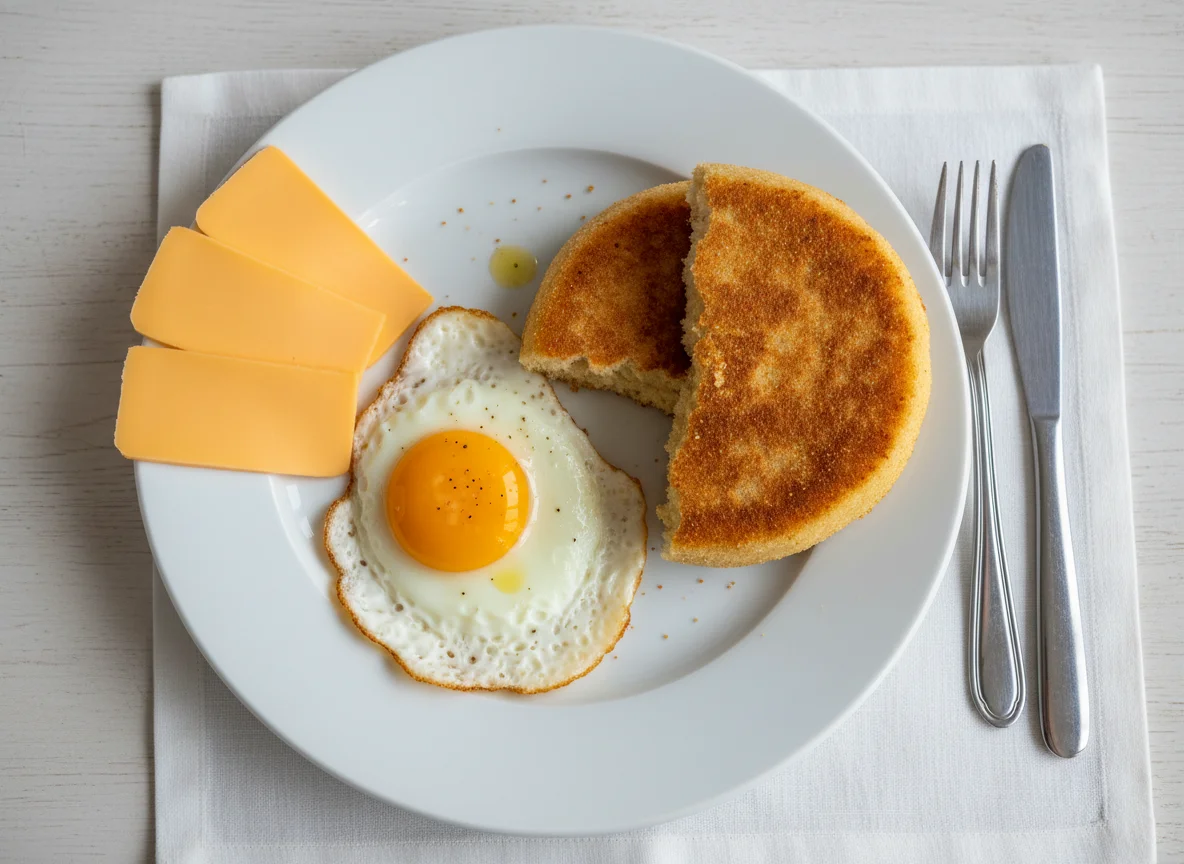 Breakfast with Fried Egg, Bread, and Cheese photo