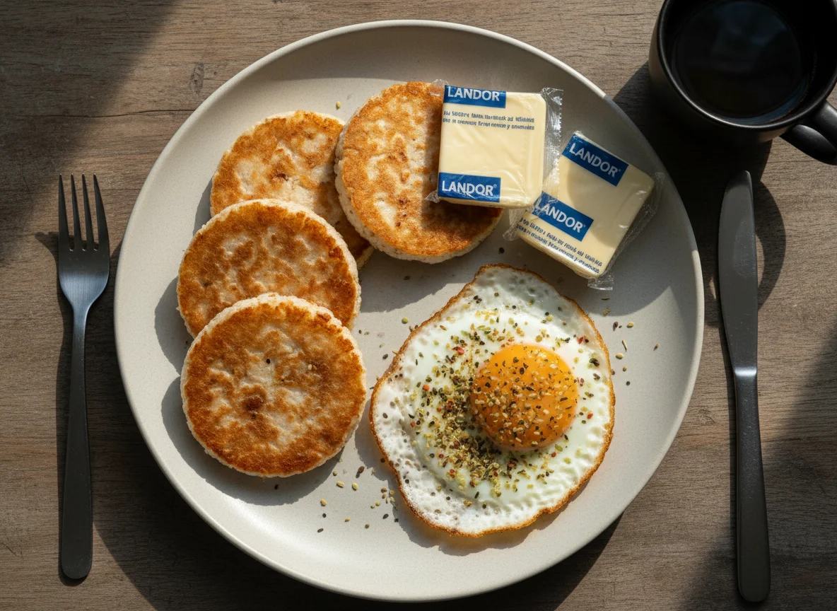 Breakfast with Fried Egg, Rice Cake, Cheese, and Coffee photo