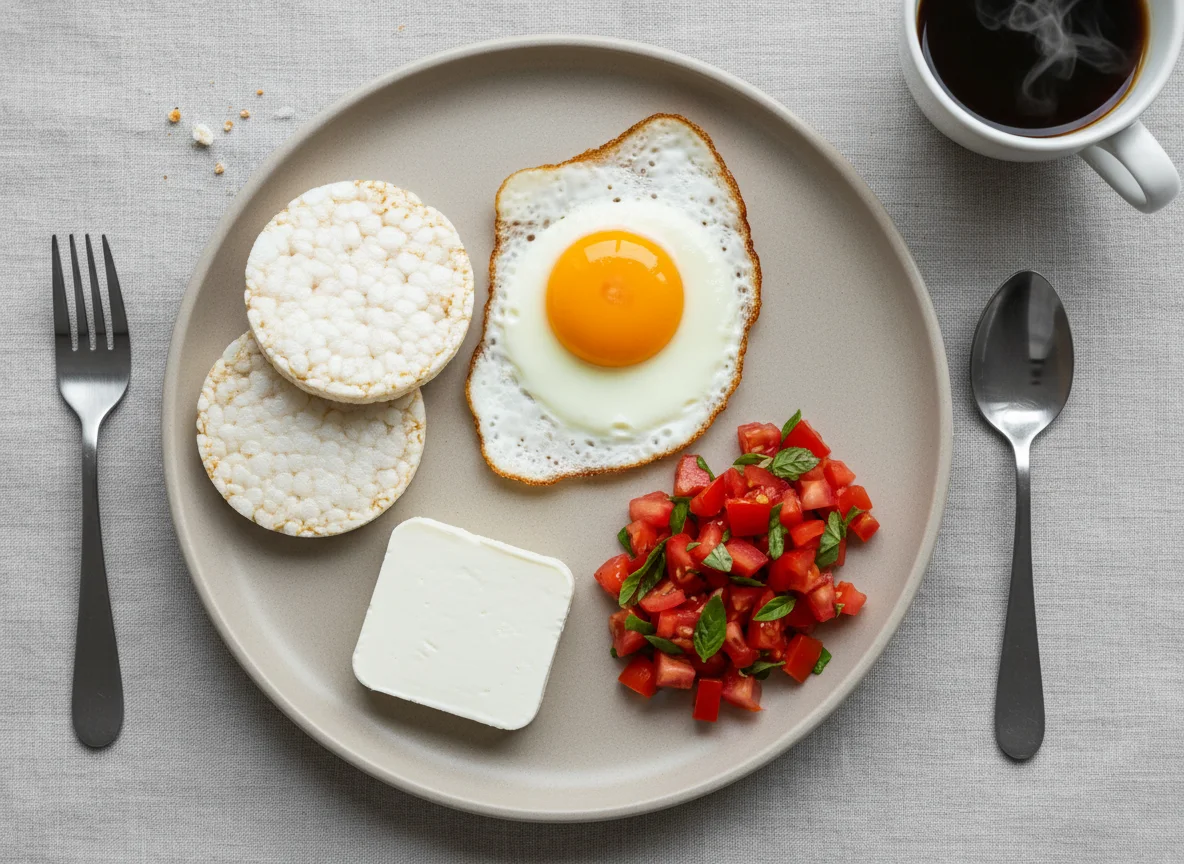Breakfast with Fried Egg, Rice Cake, Cheese, Tomato Salad and Coffee photo