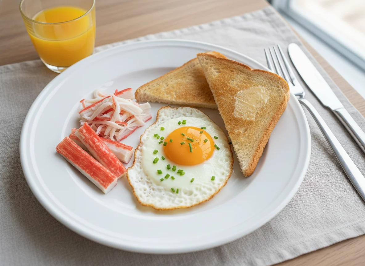Breakfast with Fried Egg, Toast, and Crab Sticks photo