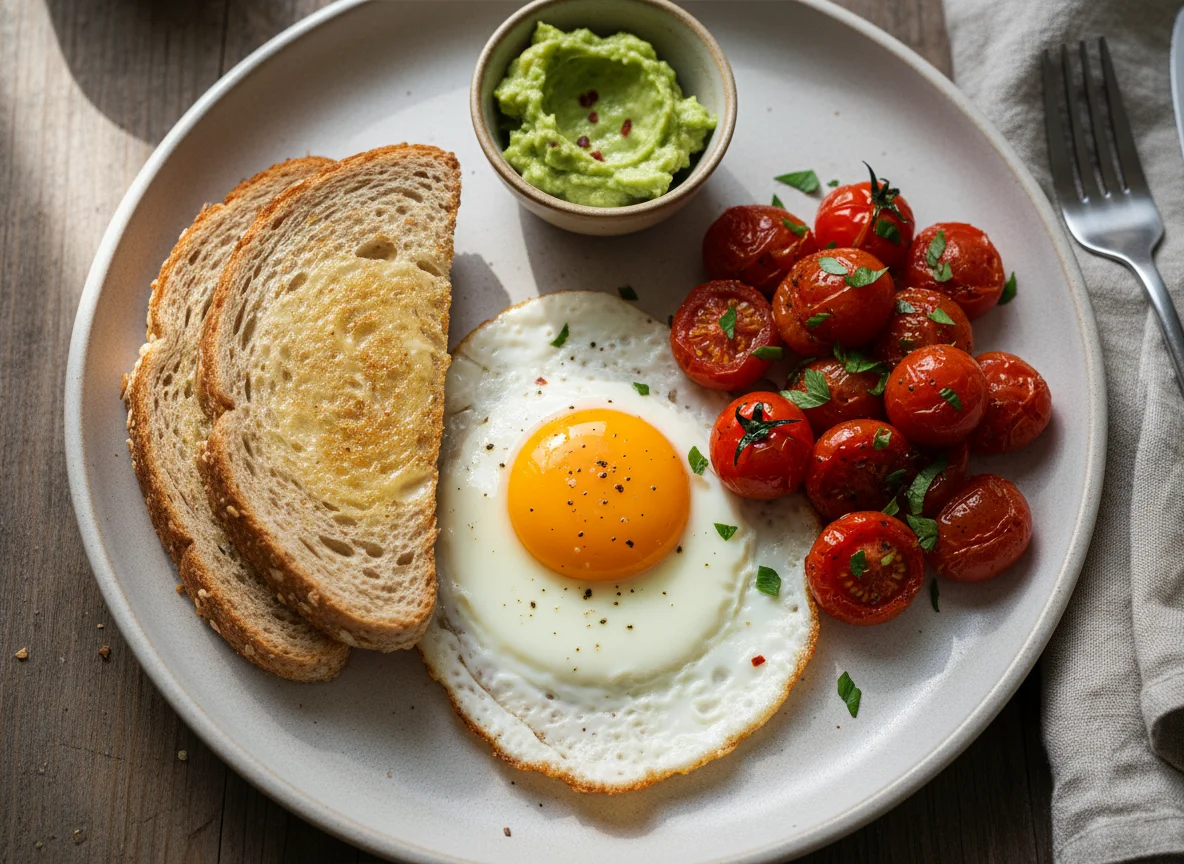 Breakfast with Fried Egg, Toast and Tomatoes photo