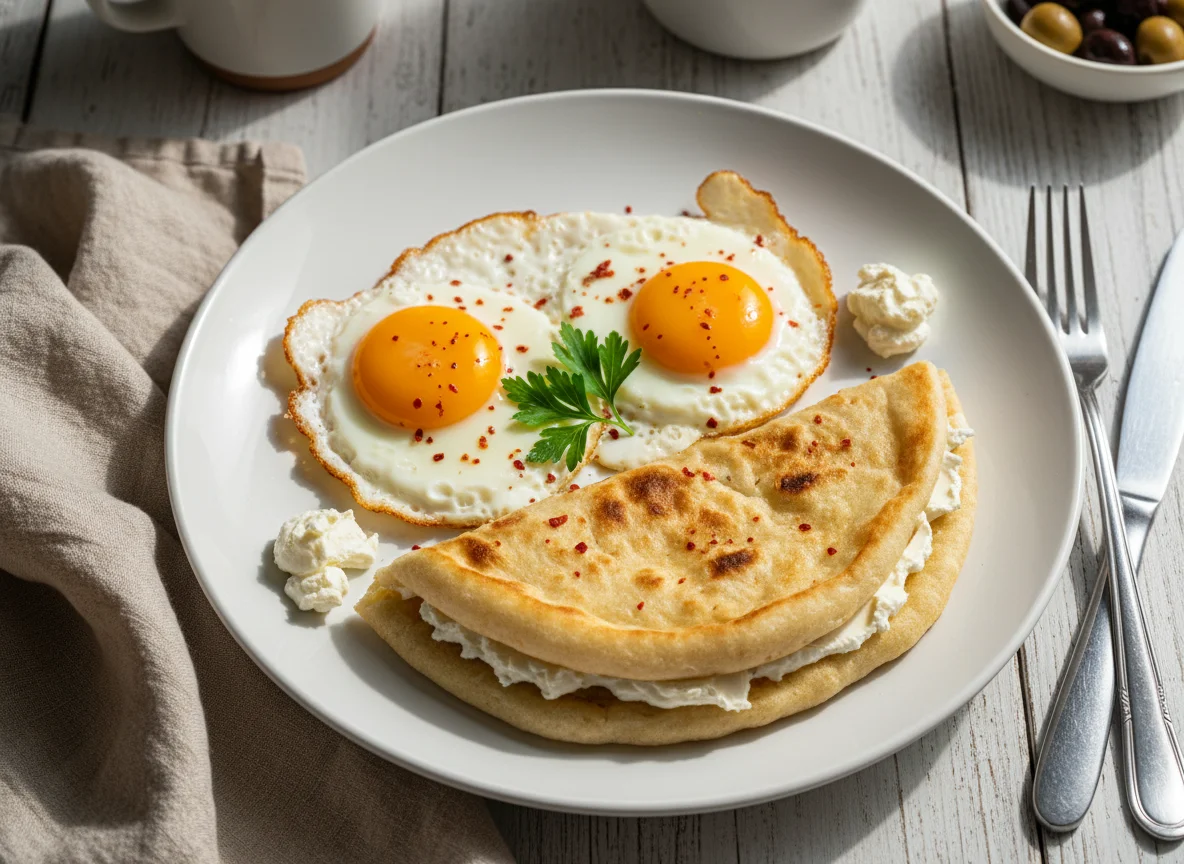 Breakfast with Fried Eggs and Flatbread photo