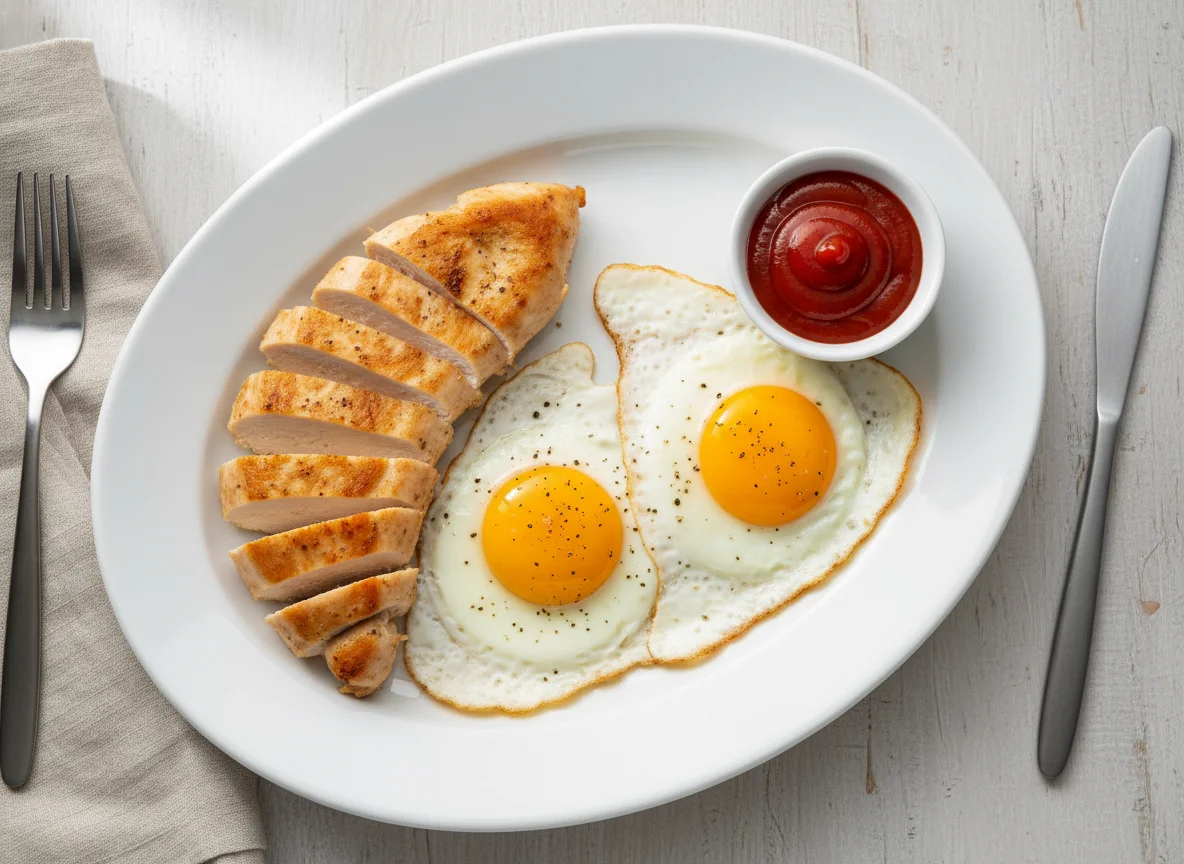 Breakfast with Fried Eggs and Meat photo