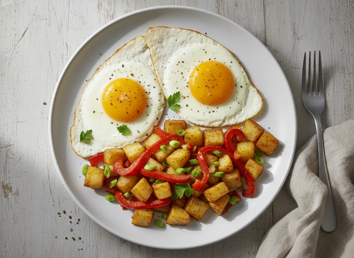 Breakfast with Fried Eggs and Potato-Pepper Hash photo