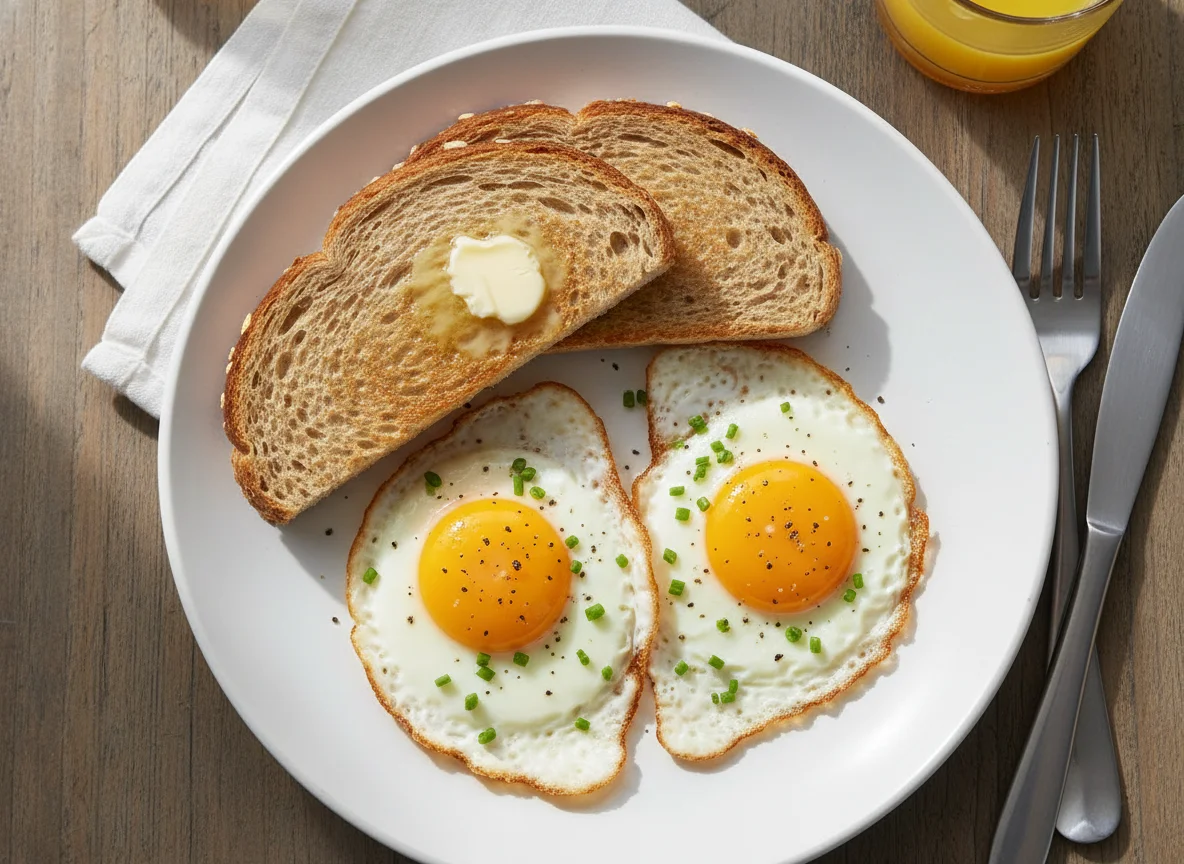 Breakfast with Fried Eggs and Toast photo