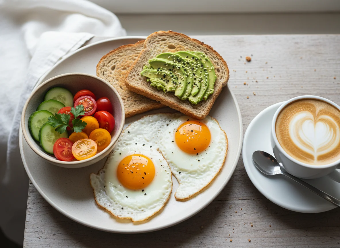 Breakfast with Fried Eggs and Vegetables photo