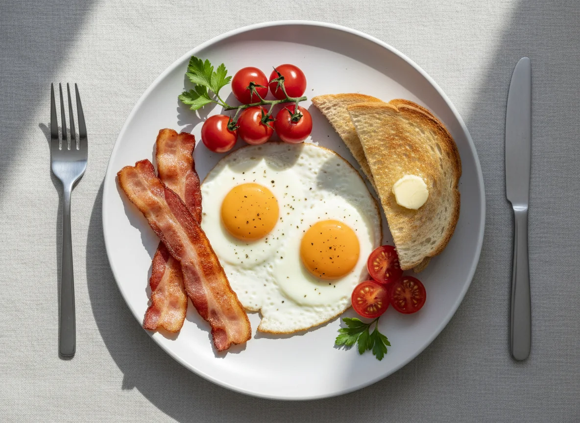 Breakfast with Fried Eggs, Bacon, and Toast photo