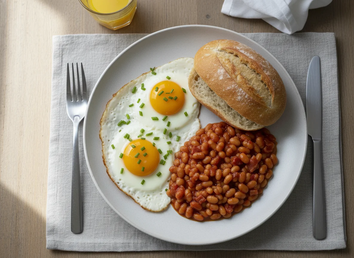 Breakfast with fried eggs, baked beans, and bread roll photo