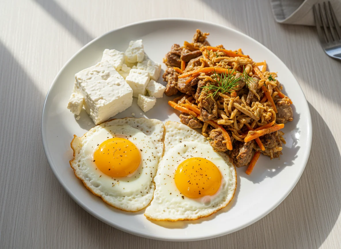 Breakfast with Fried Eggs, Cheese, and Meat & Carrot Salad photo