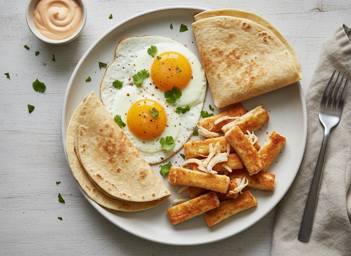 Breakfast with Fried Eggs, Crab Sticks, and Tortillas photo