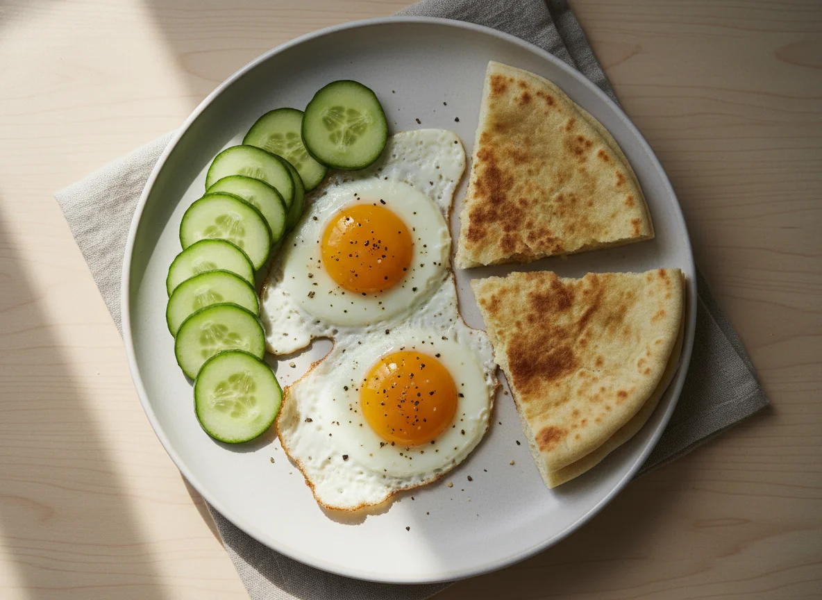 Breakfast with Fried Eggs, Cucumbers, and Flatbread photo