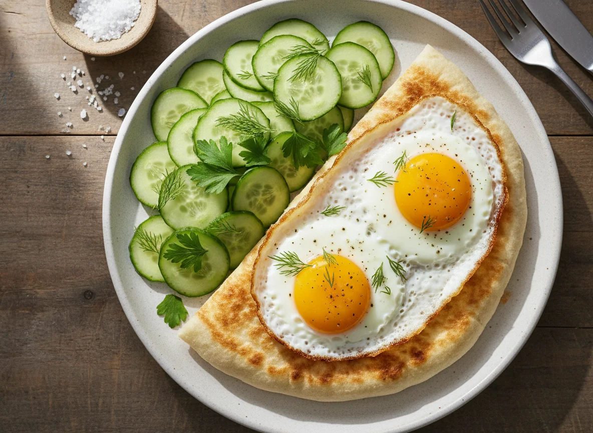 Breakfast with Fried Eggs, Cucumbers, and Lavash photo